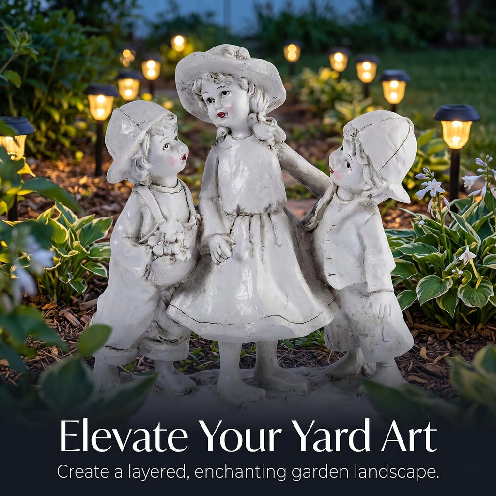 Garden Statues Three Children Figurine Vintage Family Sculpture White Distressed Resin Outdoor and Indoor Garden