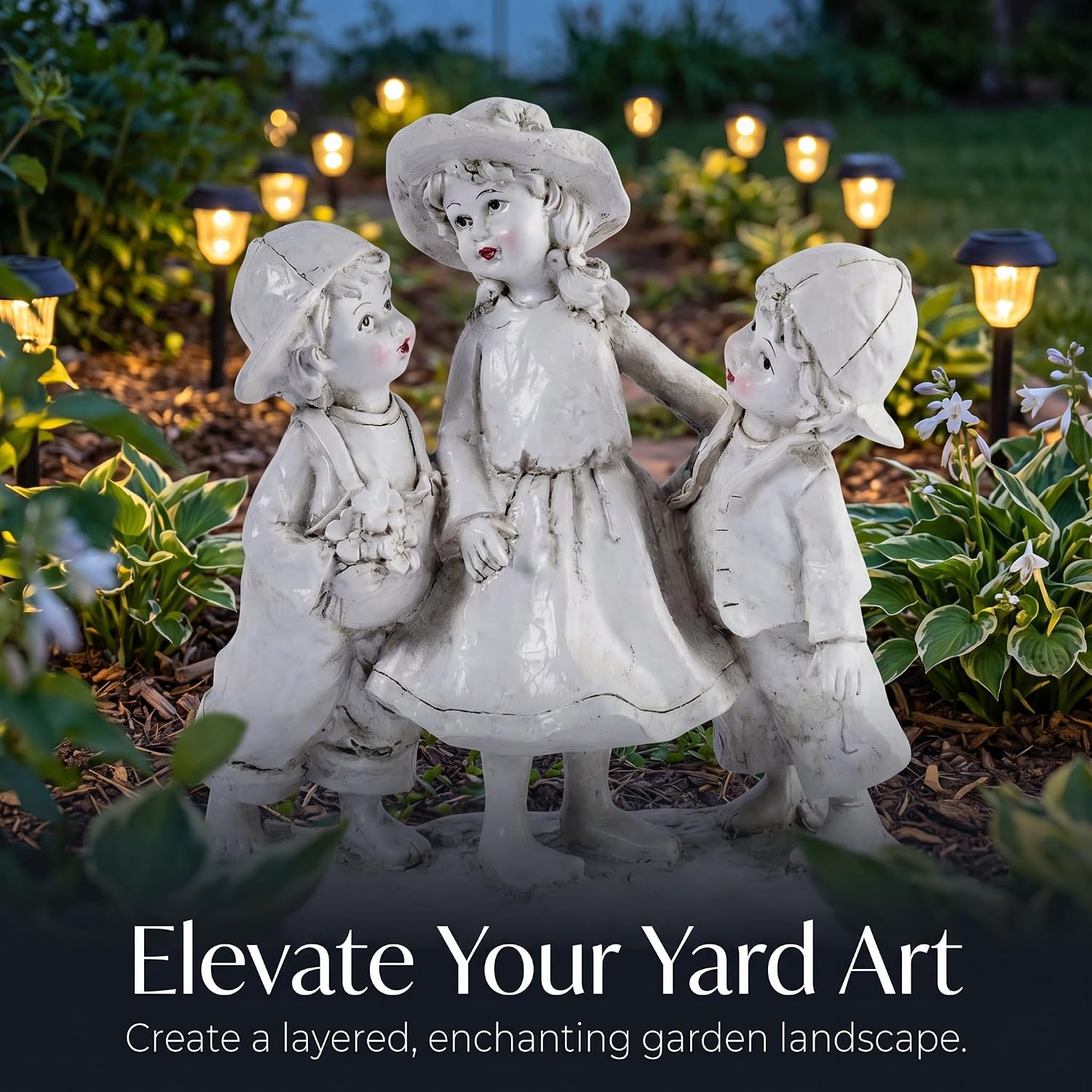 Garden Statues Three Children Figurine Vintage Family Sculpture White Distressed Resin Outdoor and Indoor Garden