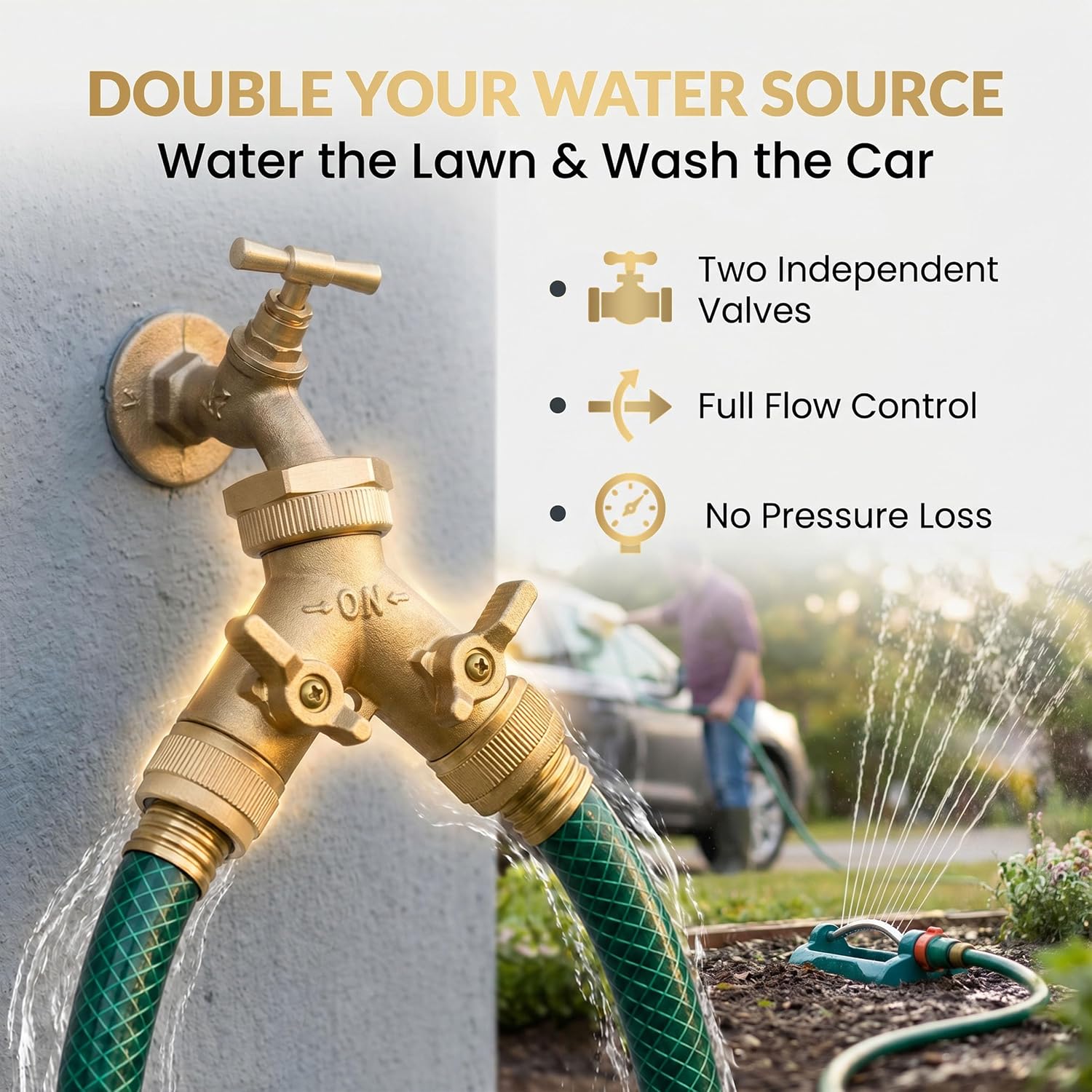 Brass Heavy-Duty Garden Hose Water Splitter | LEAD-FREE 2-Way Y Splitter for Water Spigot & Faucet | Manifold Connector