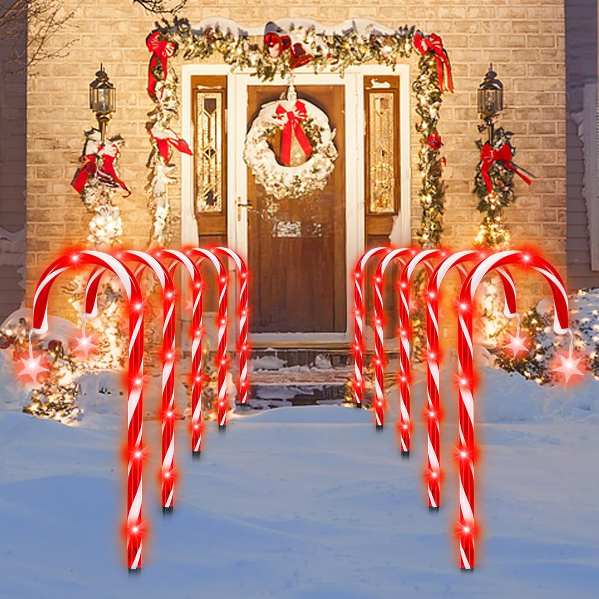 DAMEING 10 Pack 21in Christmas Candy Cane Lights, Pathway Lights Waterproof Christmas Decorations Outdoor 8 Lighting Modes with Buttom Control for Party Patio Landscape Garden Lawn Yard Decor, Red