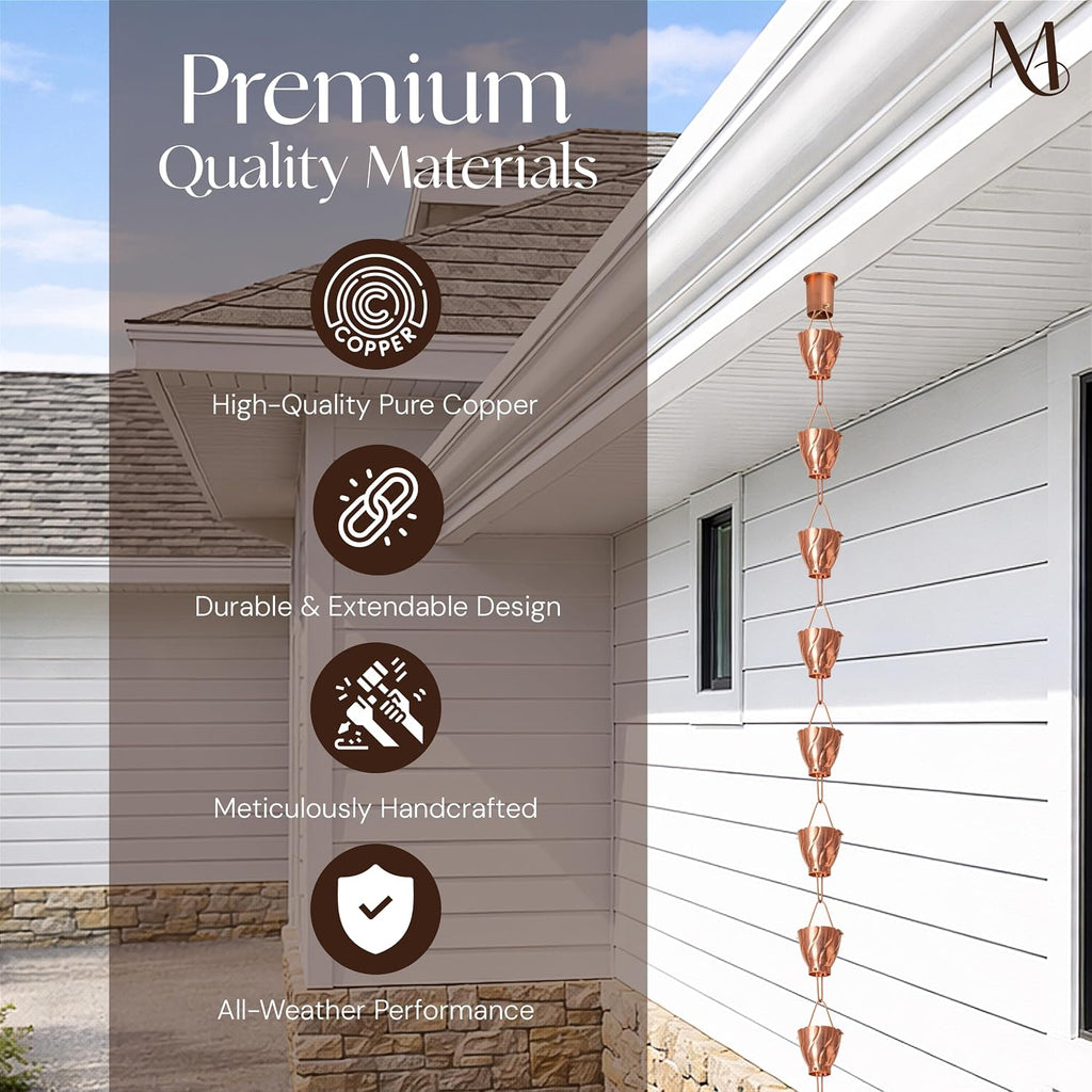 Monarch Rain Chains Pure Copper Akira Rain Chains for Gutters – 8.5 ft Decorative Rainchain Outdoor Durable Heavy Duty