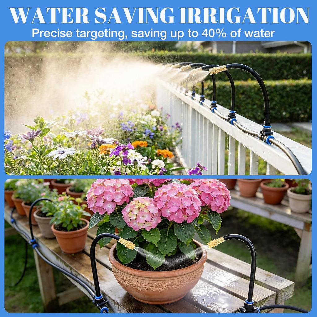 80FT Drip Irrigation Kit, 8mm Hose with 20 Brass 360° Adjustable Nozzles, Quick Connectors Automatic Garden Watering