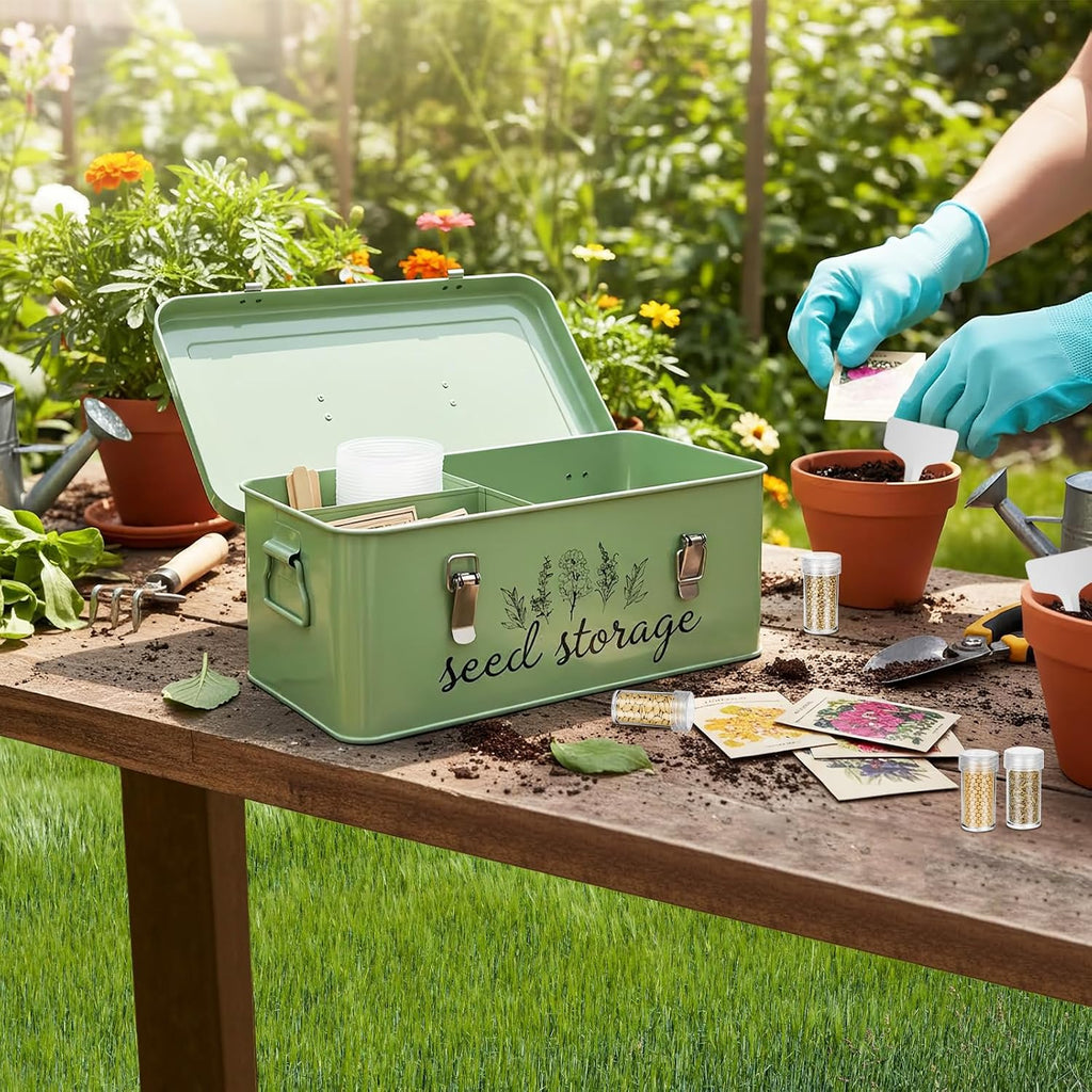 TINSKY Seed Storage Organizer Metal Seed Box with Lid and Locks Seed Saving Bank with 60 Seed Bottles, 30 Plant Labels