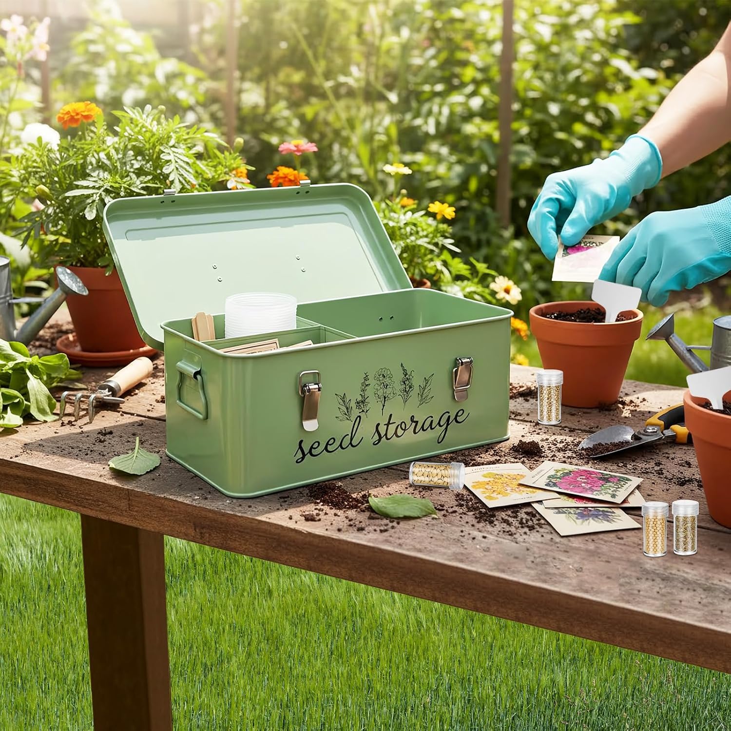 TINSKY Seed Storage Organizer Metal Seed Box with Lid and Locks Seed Saving Bank with 60 Seed Bottles, 30 Plant Labels