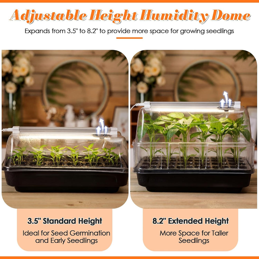 Seed Starter Tray with Grow Light and Heated Base for Faster Germination | T8 Full-Spectrum Light, 8.2in Adjustable