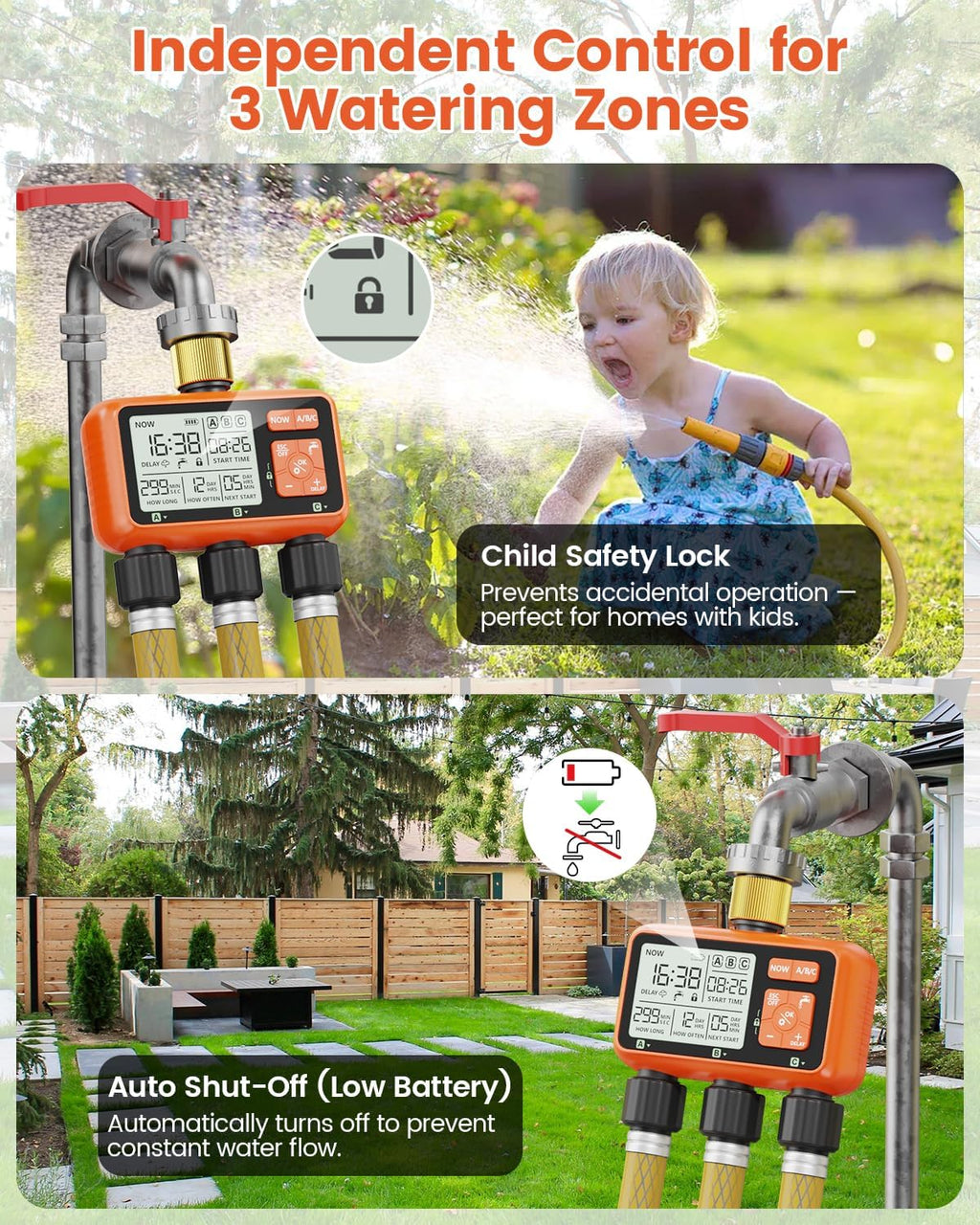 Sprinkler Timer 3 Zone with Brass Inlet Water Timer for Garden | Programmable Hose Faucet Controller with Independent