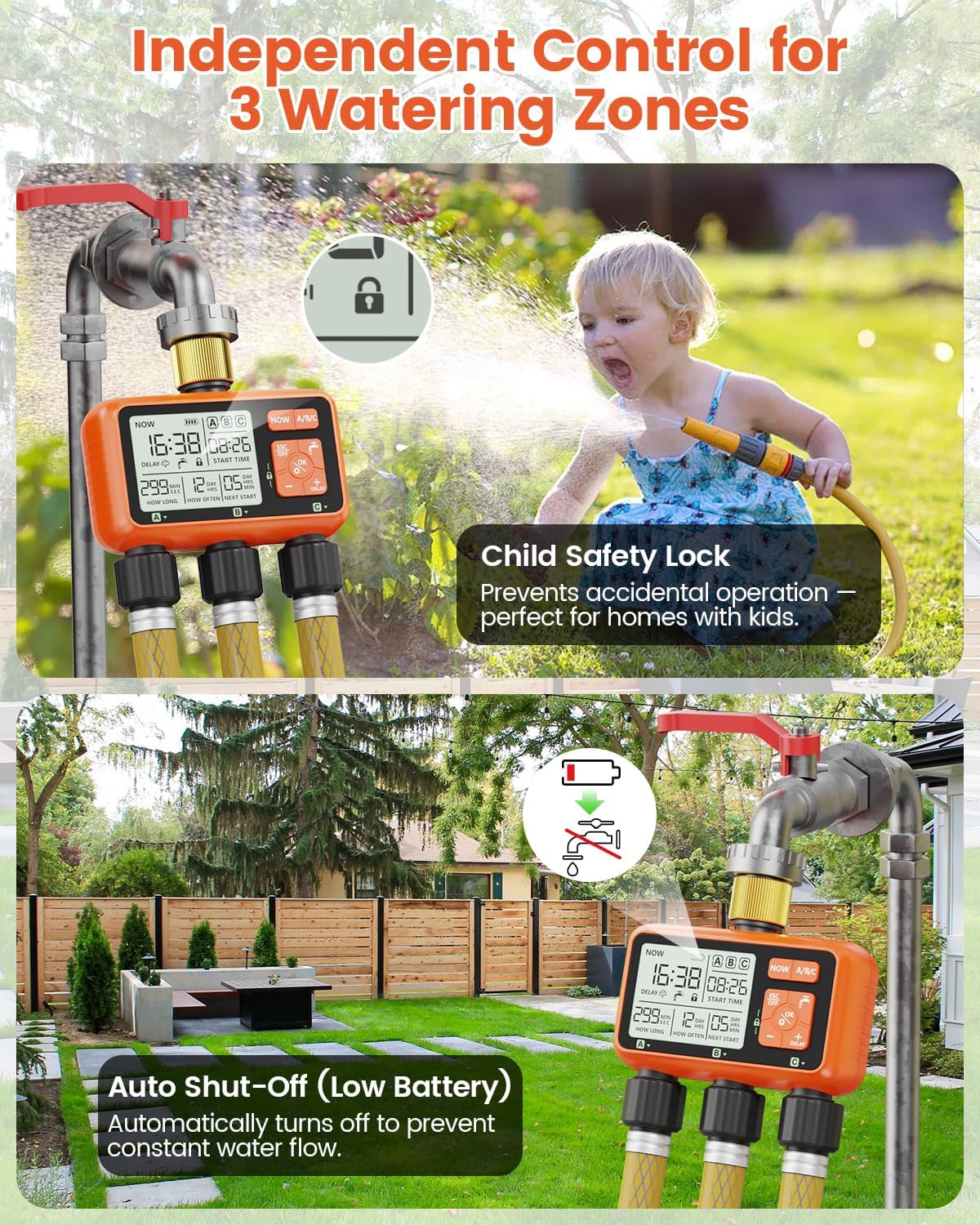 Sprinkler Timer 3 Zone with Brass Inlet Water Timer for Garden | Programmable Hose Faucet Controller with Independent