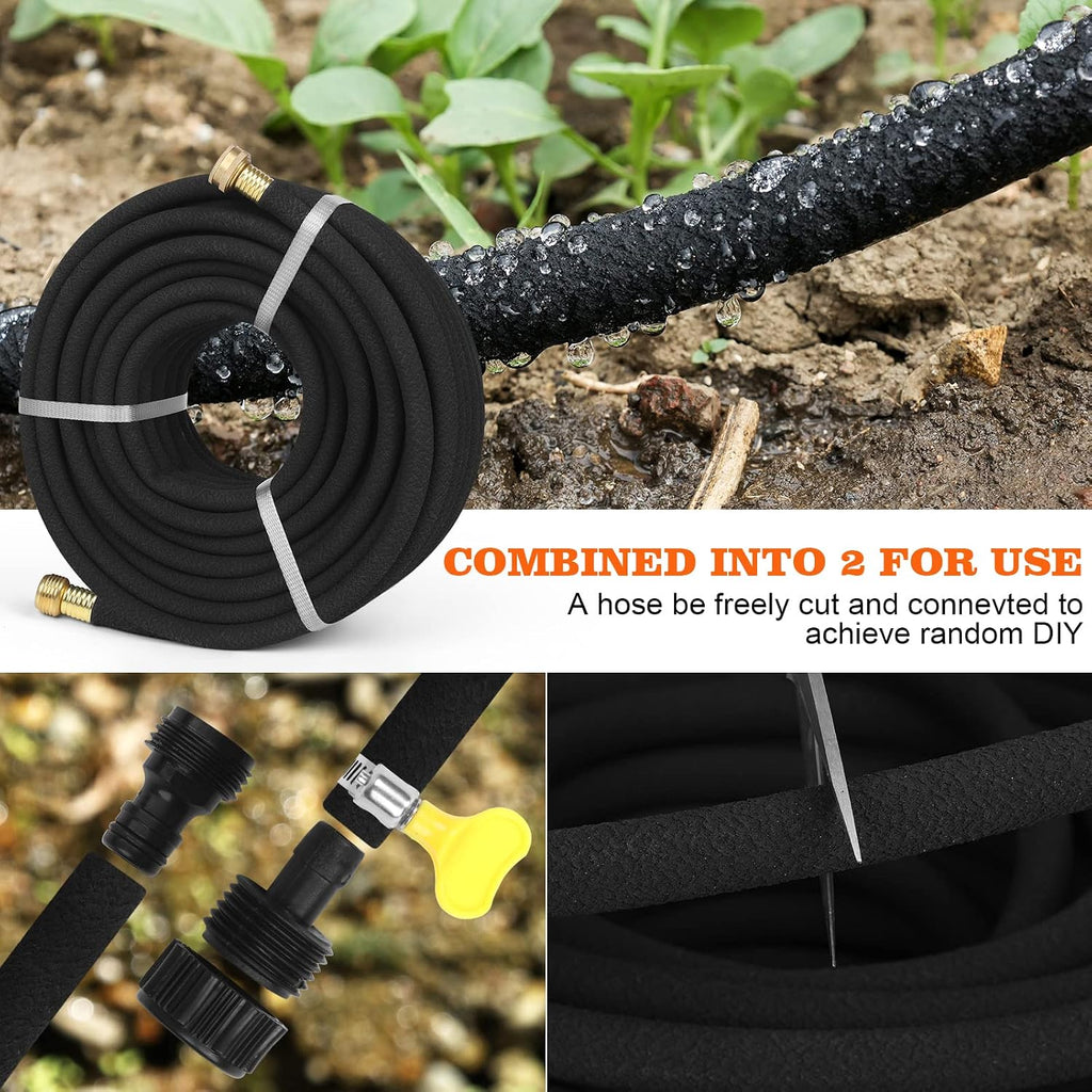 Soaker Hose 100 FT for Garden with 1/2" Diameter Irrigation Hose Save 70% of Water Solid Brass Interface Eminently