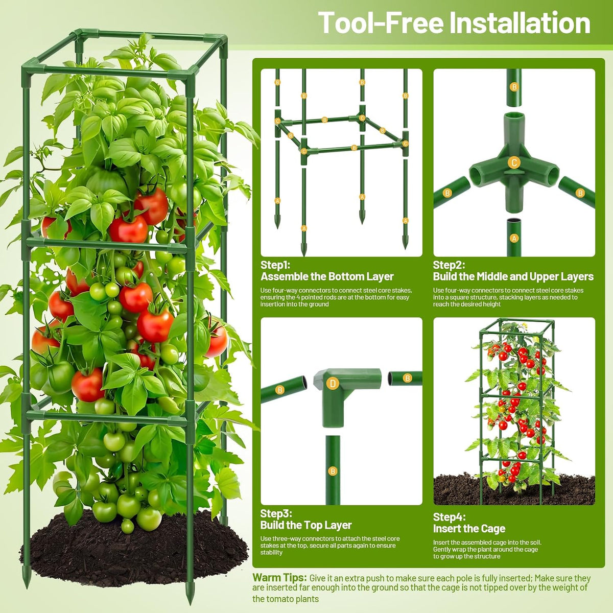 2 Pack 45 Inch Tomato Cages for Garden, Heavy Duty Tomato Trellis | Adjustable & Reusable Square Tomato Plant Support