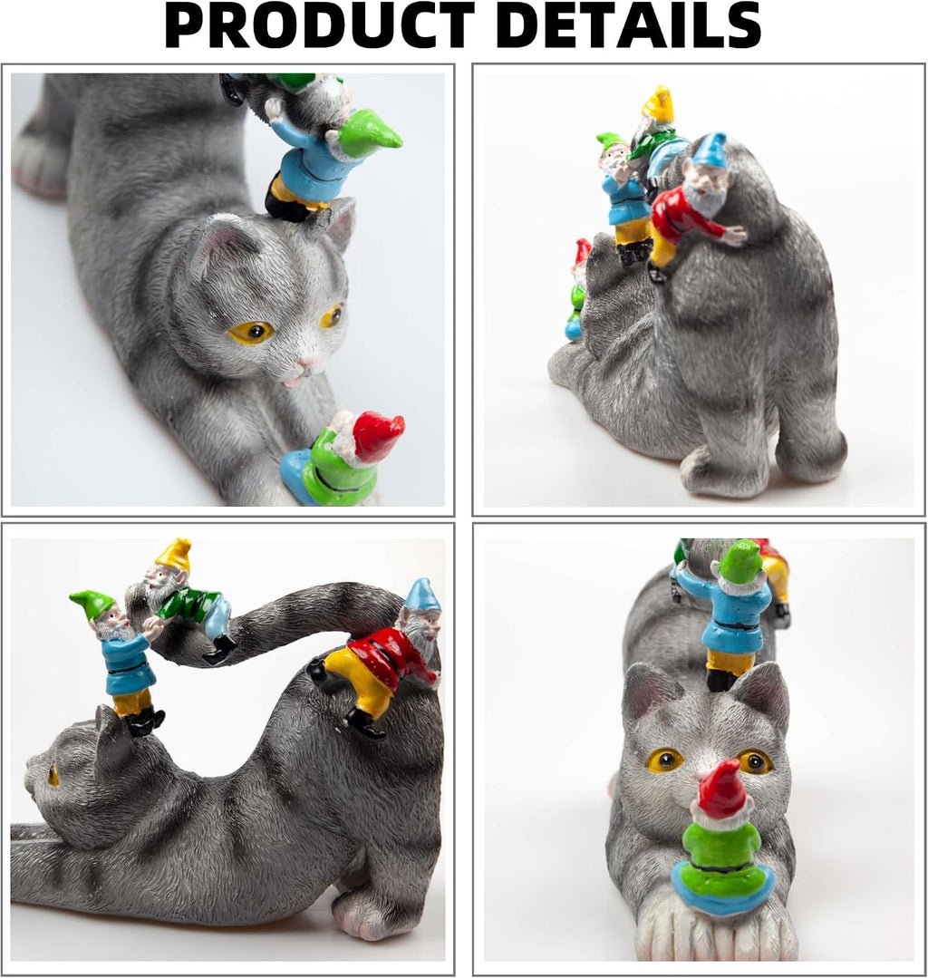 Adorable Cat with Gnomes Garden Statue,Hand-Painted Resin Outdoor Decor | for Patio & Lawn, Unique Gift for Cat Lovers