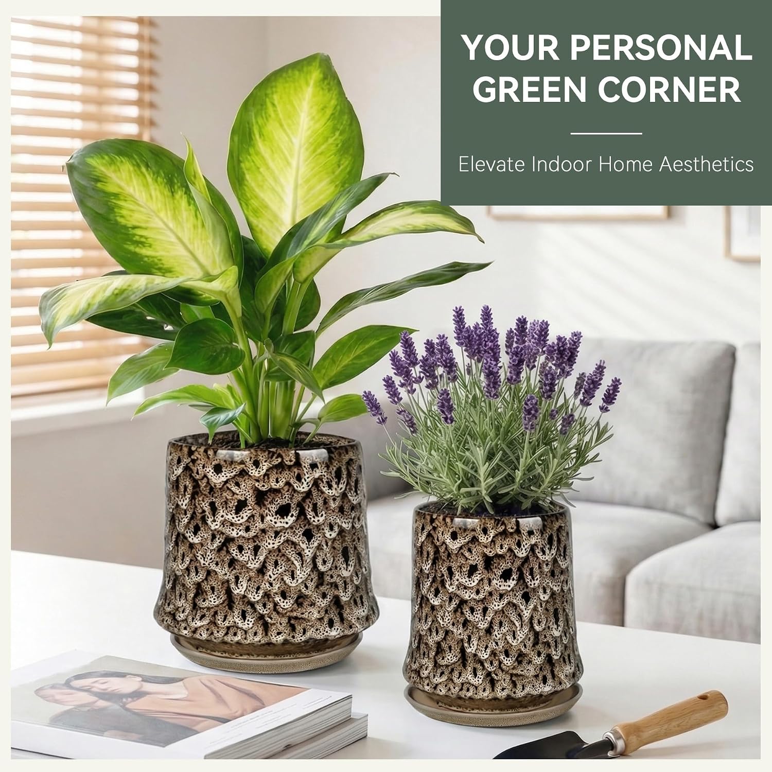 8 Inch Ceramic Planter Pot with Saucer Drainage Leak-Proof Mesh,Flower Pots for Lavender with Gardening Gloves,Ceramic