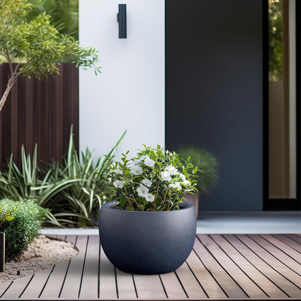 Kante Large Round Bowl Charcoal Concrete Planter 20" Dia, Outdoor | Rubber Plug for Indoor, Drainage for Garden