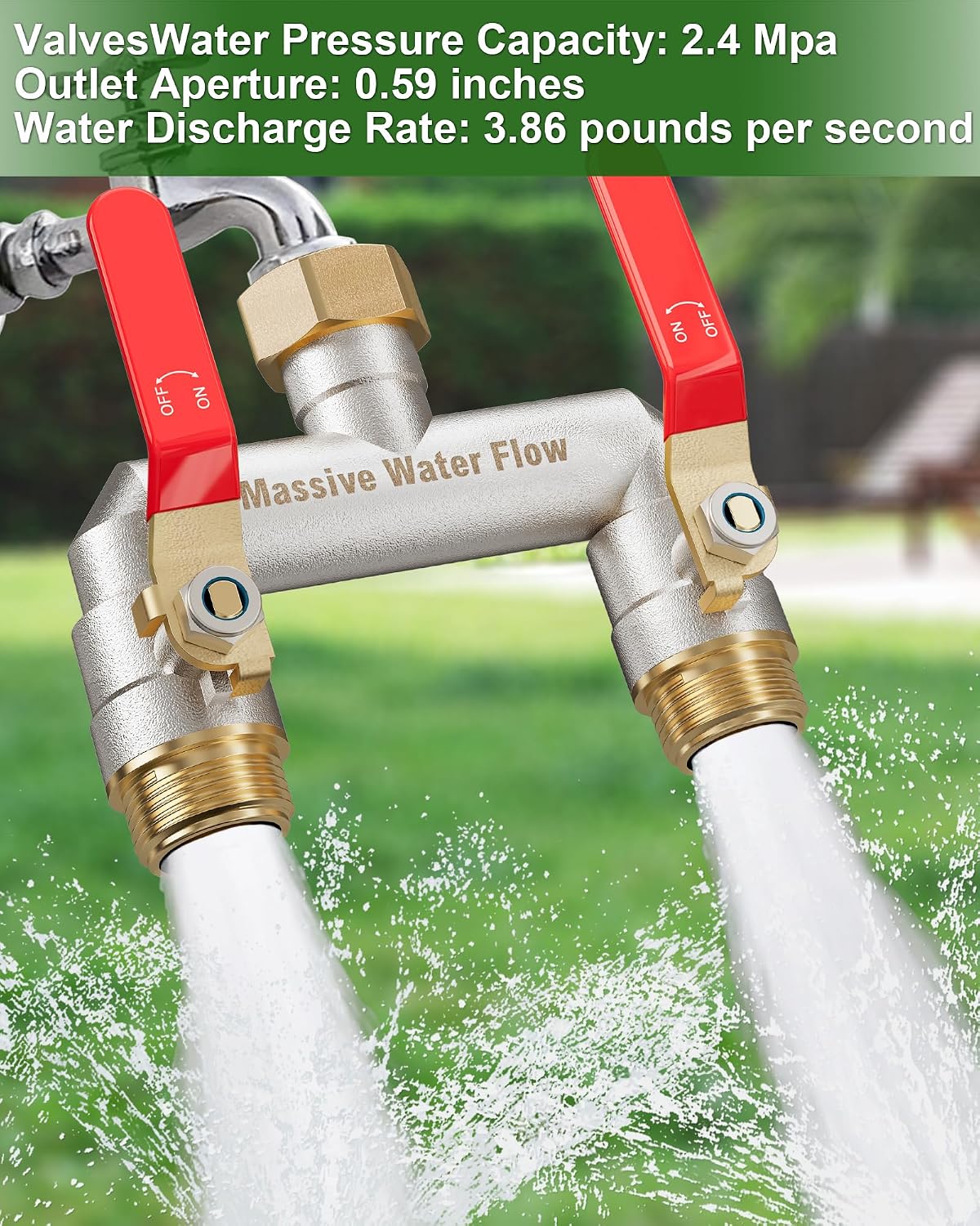 Hose Splitter 2 Way Heavy Duty, Brass Garden Hose Splitter | 304 Stainless Steel Long Handle, Full Flow Nickel Plated