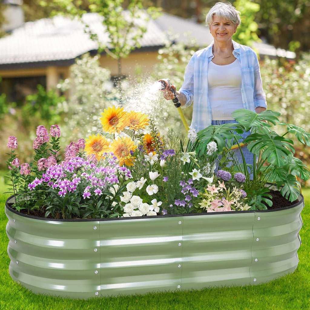 Galvanized Raised Garden Bed Outdoor, 4x2x1ft, Olive Green | Outdoor Oval Metal Garden Planter Box, Bottomless, Safety