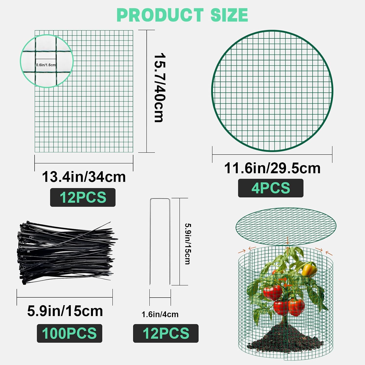 4 Sets 13"x 16" Wire Plant Protector from Animals, Plant Protector Cages | Zip Ties & Stakes Included, Garden Plant