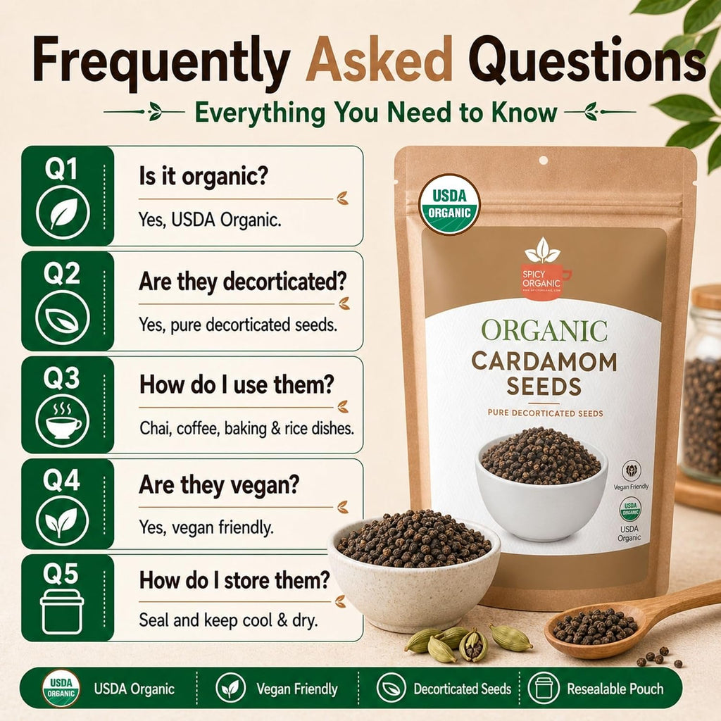 SPICY ORGANIC Premium Decorticated Organic Cardamom Seeds – 100% USDA Organic - Perfect for enhancing the taste of a