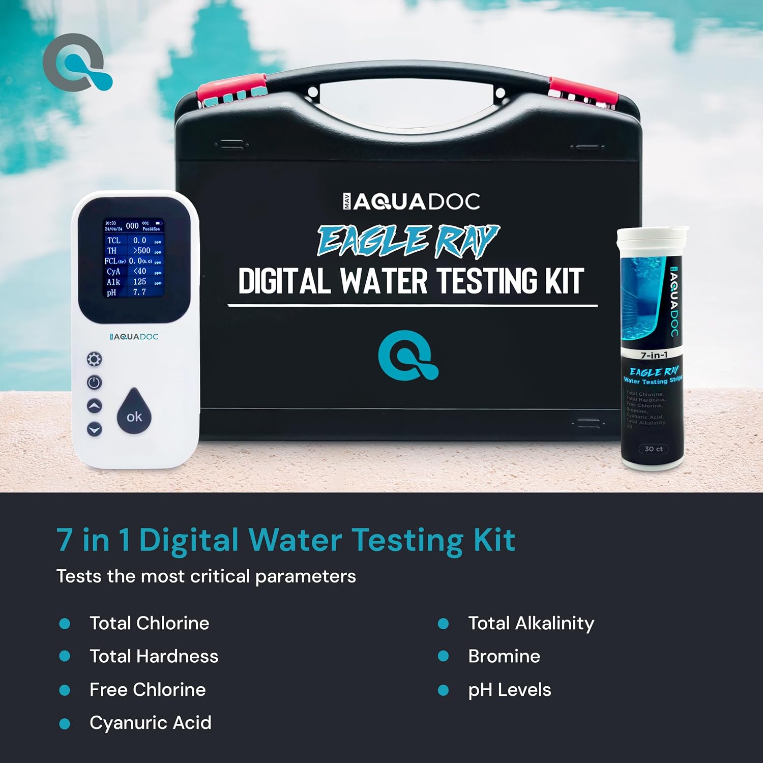 AquaDoc Eagle Ray Digital Water Test Kit for Pool & Spa with 30 Test Strips | Includes a Digital Water Tester and Hot