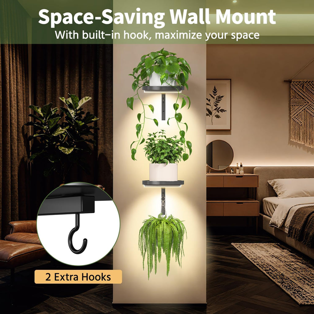 LASZOLA Plant Hanger Holder Shelf Wall Indoor with Lights, 2 Pcs Black | Modern Window Metal Floating Stand, Hanging