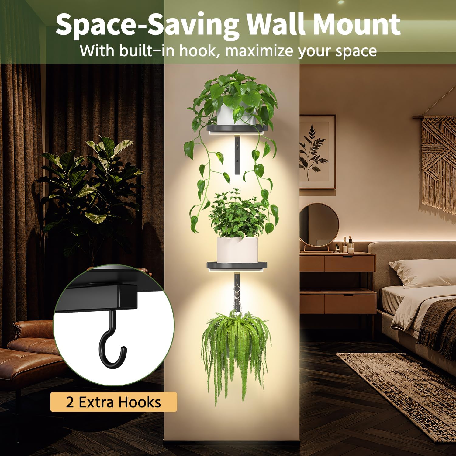 LASZOLA Plant Hanger Holder Shelf Wall Indoor with Lights, 2 Pcs Black | Modern Window Metal Floating Stand, Hanging