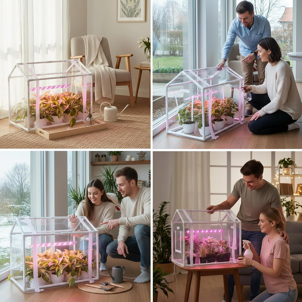 Meonum Mini Greenhouse for Indoor Outdoor, Portable Green House with 15W Plant Dimmable LED Grow Lights, Timer, 3 Light
