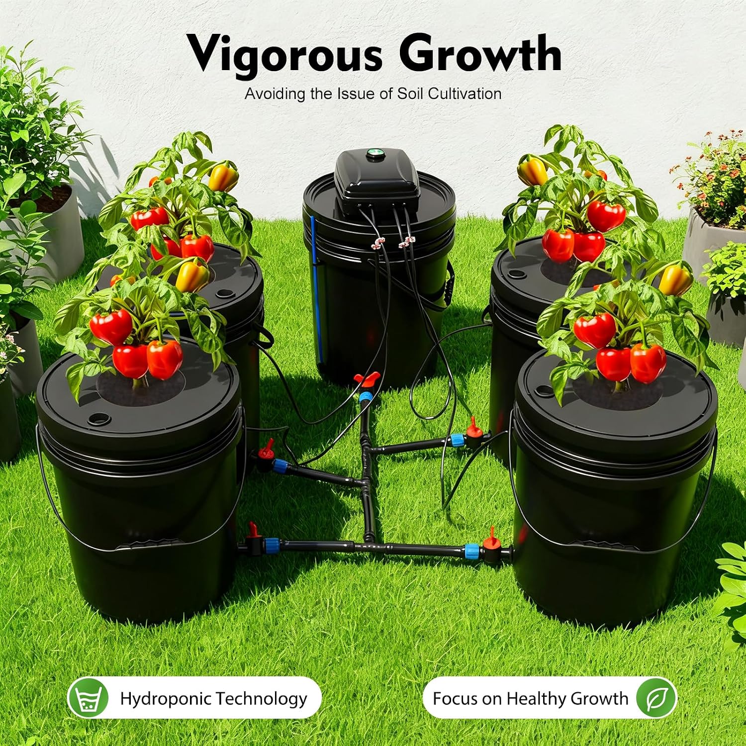 Indoor Hydroponics Growing System, 5 Gallon Round Bucket Deep Water Culture DWC Hydroponic Grow System Kit, 5-Bucket