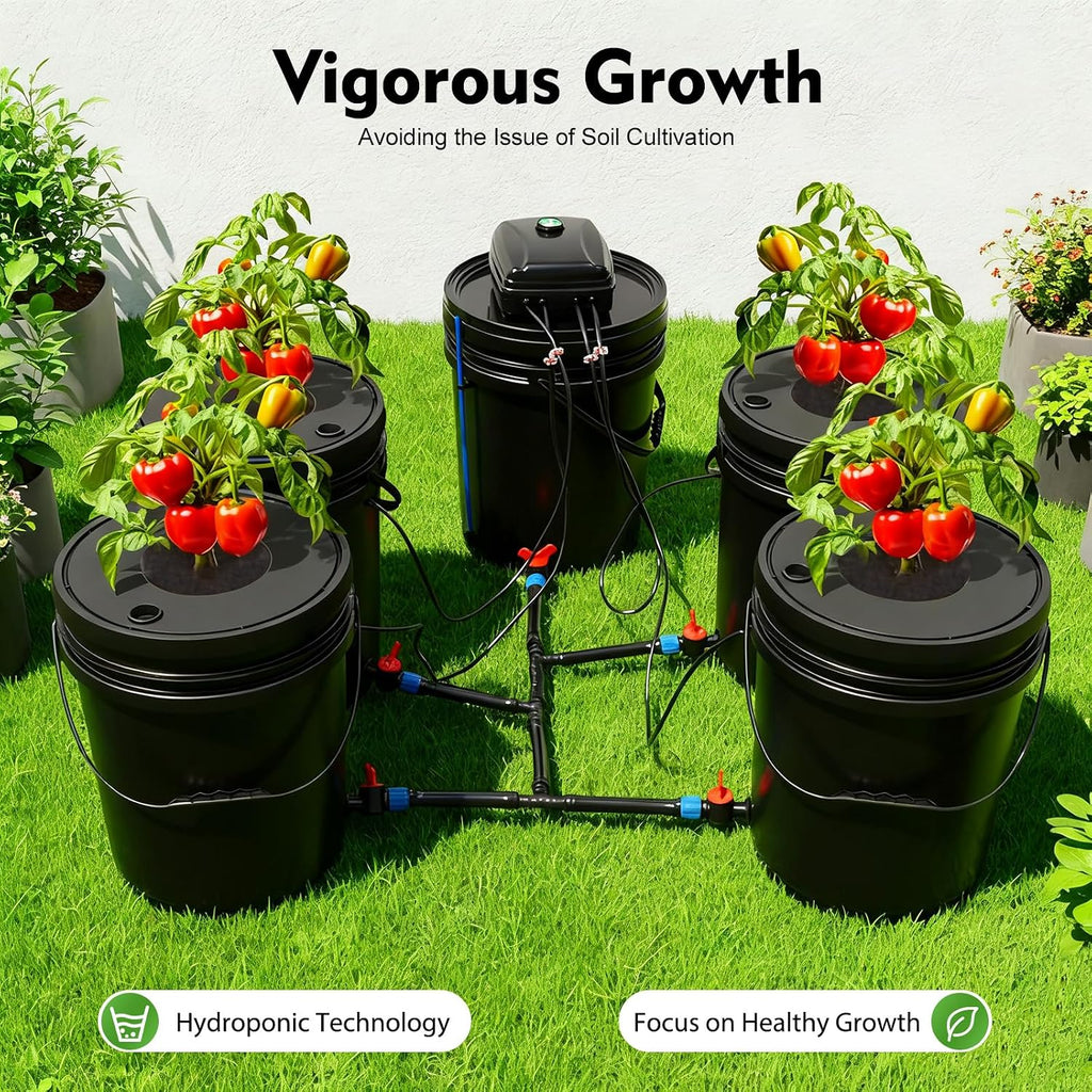DWC Hydroponics Grow System 5.28 Gallon Deep Water Culture Kit with 12W 110V Air Pump, Five 12inch Buckets & Air Stones