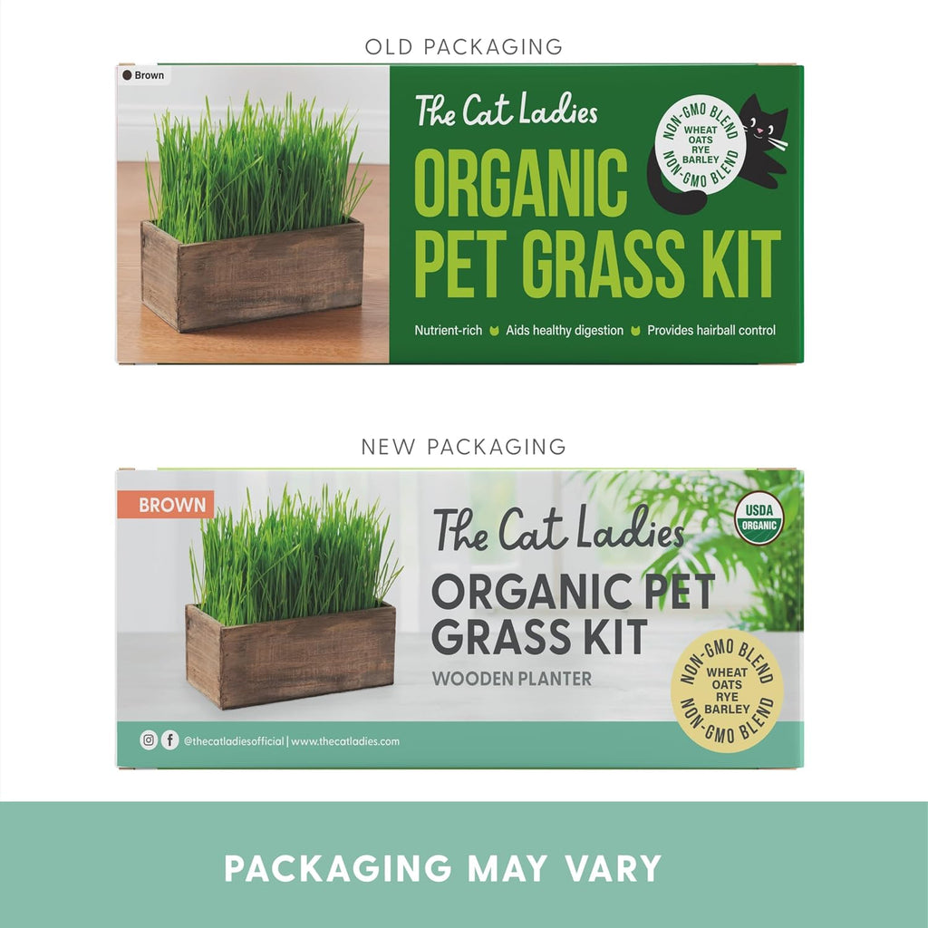 The Cat Ladies Cat Grass Kit Complete with Rustic Wood Planter, Organic Seed and Soil. Easy to Grow - Great for Indoor