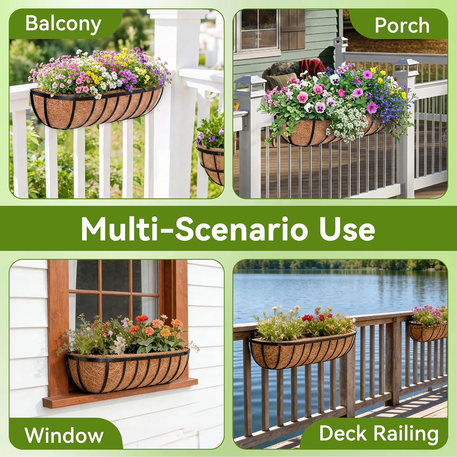 Halatool 24 Inch Railing Planter Box, 2 Pack Trough Planter Box for Outdoor | Natural Coco Liner, Heavy Duty Metal with