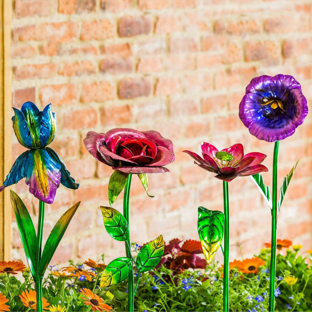 Metal Flower Garden Stake Cute Metal Flower Stick Art Ornament Decor Spring Floral Outdoor Flower Garden Stakes, 4 Pcs
