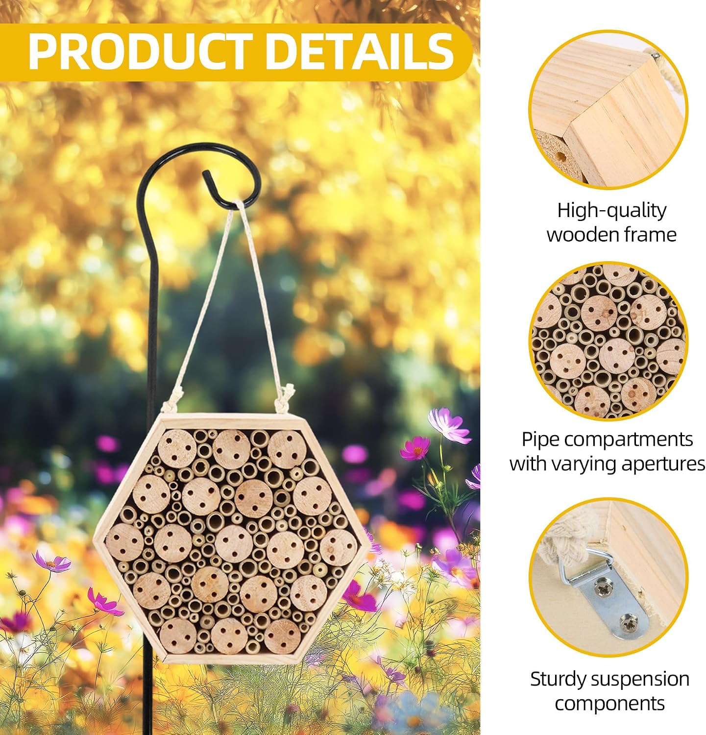 Mason Bee House, Natural Wooden Hexagon Bee House with Metal Stake & Cleaning Brush, Hanging Bees Box Habitat to