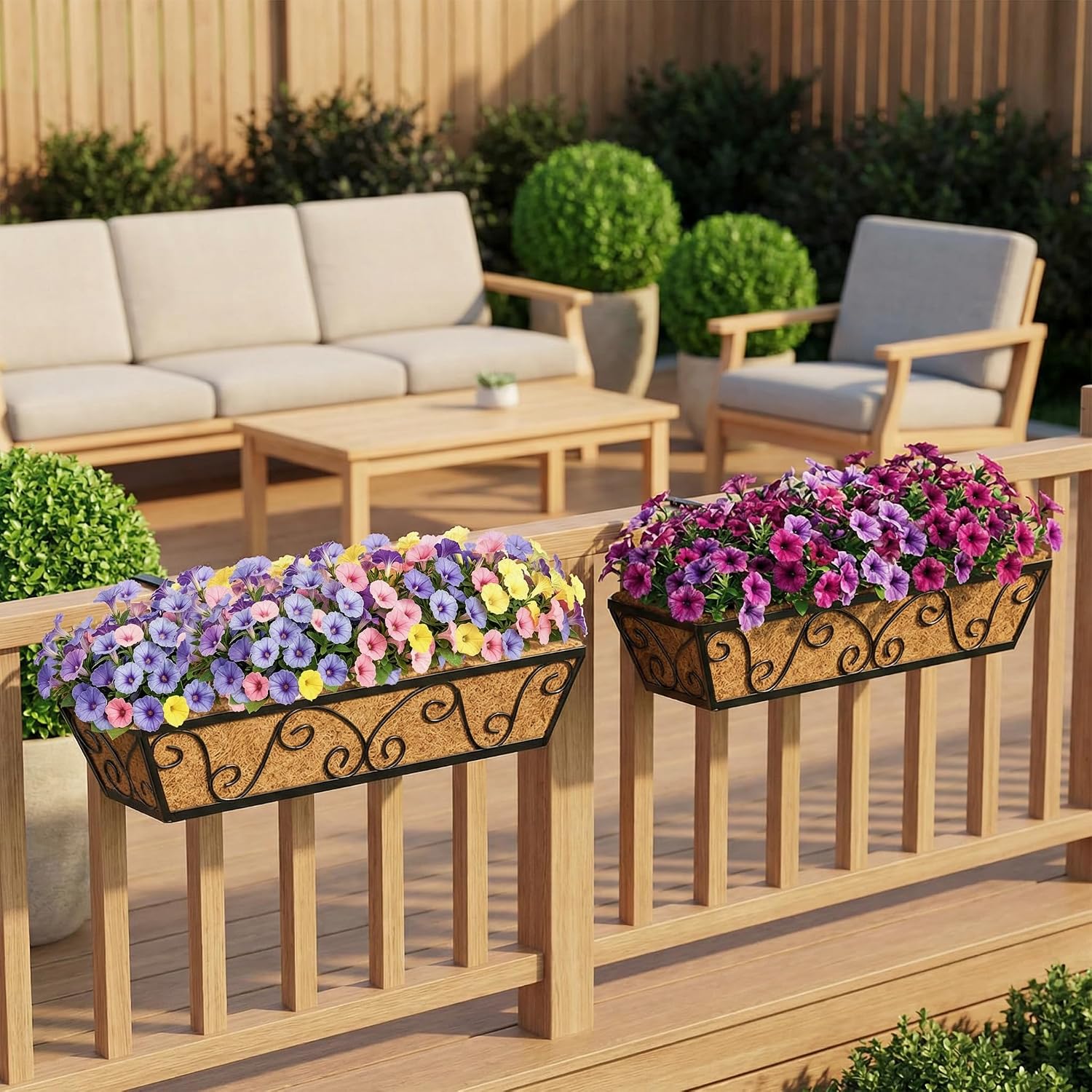 HFHOME 24 Inch Railing Planter Box with Coco Liners for Porch, Fence, Patio, Balcony Hanging Flower Railing Baskets