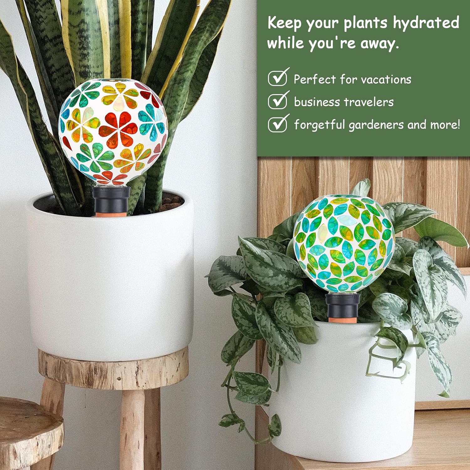 Plant Watering Globes Mosaic Self Watering Spikes 2 Pack | Large Self Watering Planter Insert Automatic Watering Device