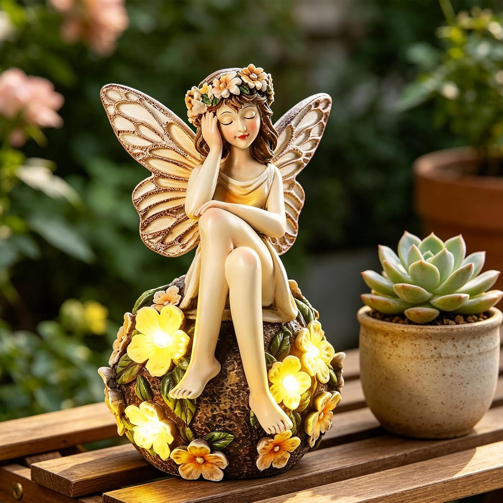 Solar Fairy Statue Sitting on the Flower Ball Light 6.8"Angel Statues | for Garden Yard Patio Porch Lawn Decor Resin