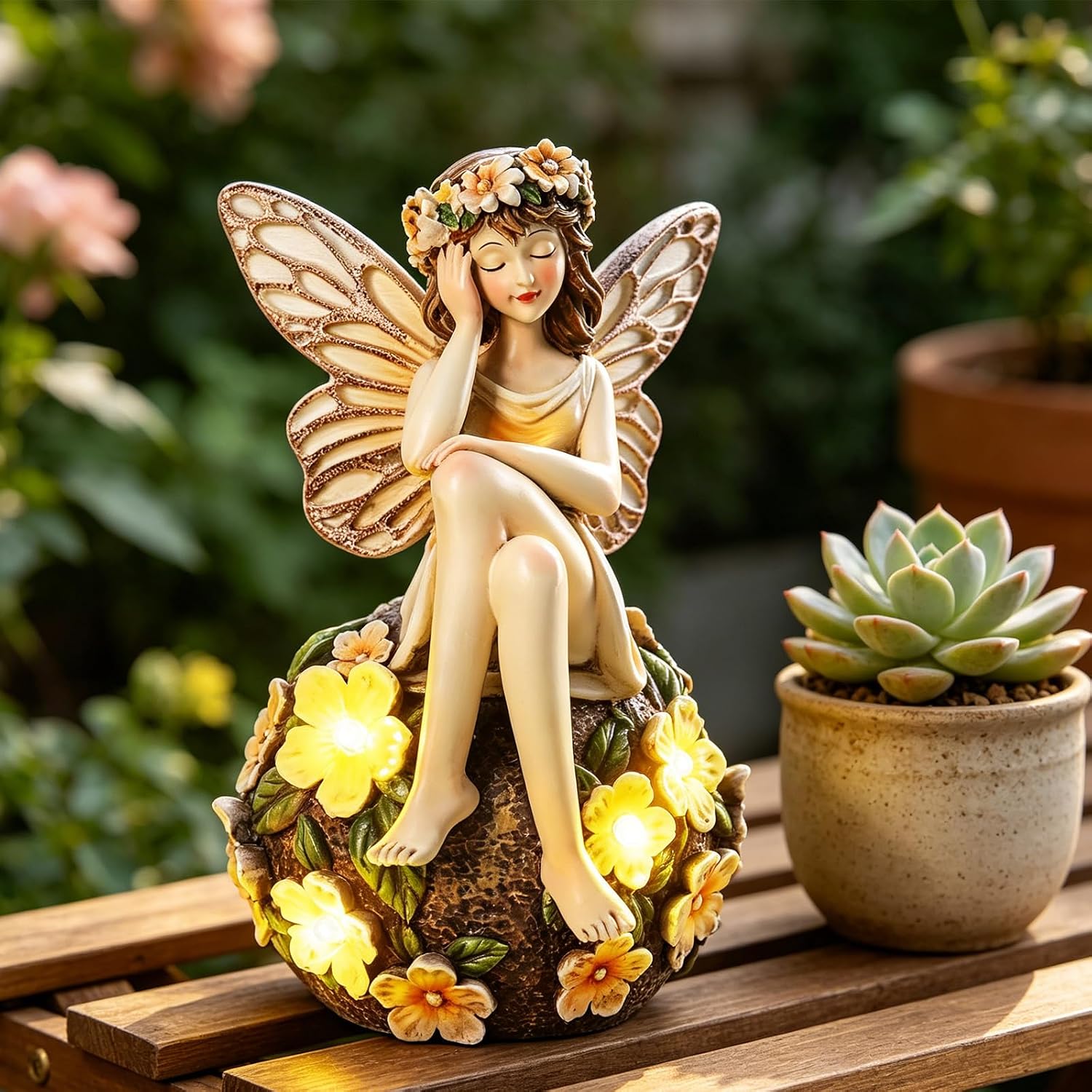 Solar Fairy Statue Sitting on the Flower Ball Light 6.8"Angel Statues | for Garden Yard Patio Porch Lawn Decor Resin