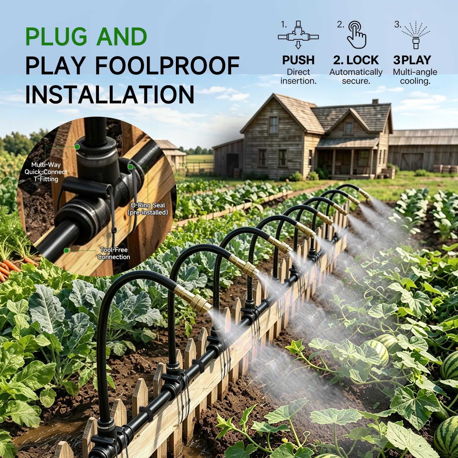 200FT 1/4" Drip Irrigation System, Garden Watering System Kit | with 32 Adjustable Copper Misting Nozzles fit for