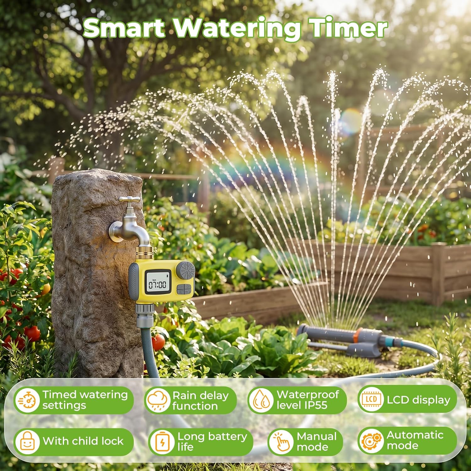Oscillating Sprinkler with Smart Timer for Lawn and Garden Watering | Quick Setup, Covers up to 3000 Sq Ft, 33FT
