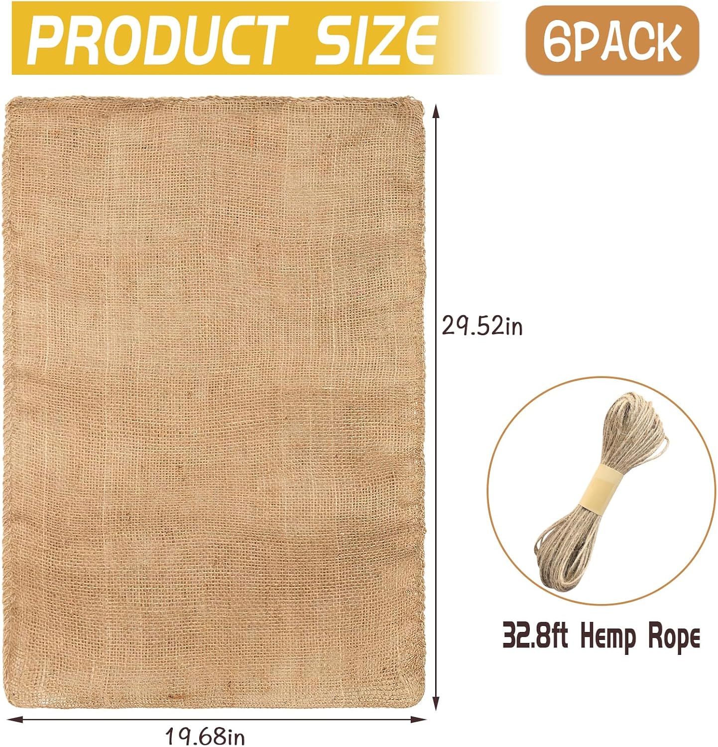 6 Pack Burlap Bags- 19.68" × 29.52" Potato Storage Sacks Natural Jute with Rope, Reusable Potato Onion Bags Strong for
