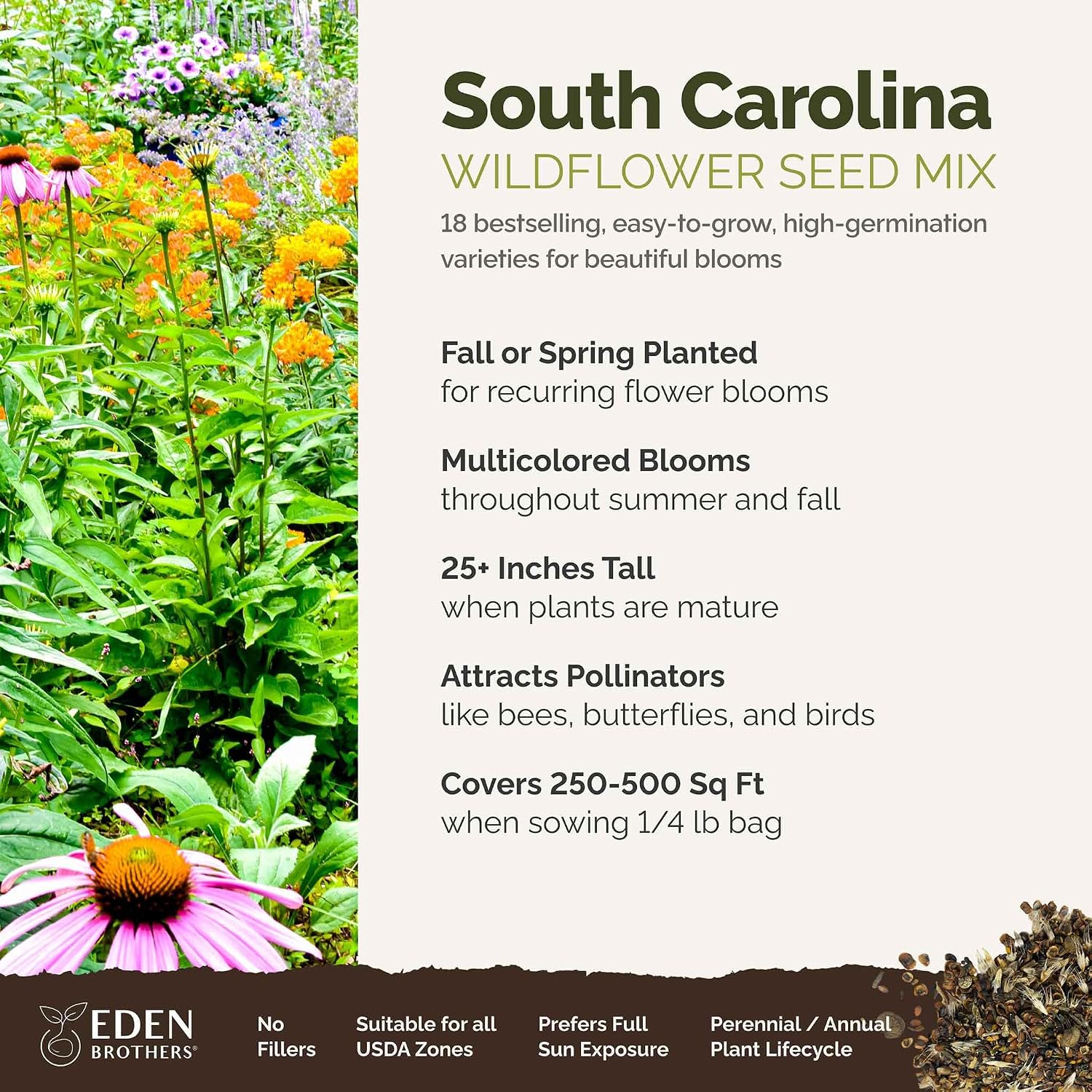 Eden Brothers South Carolina Wildflower Mixed Seeds for Planting, 1/4 lb | 120,000+ Seeds with WallFlower, Primrose