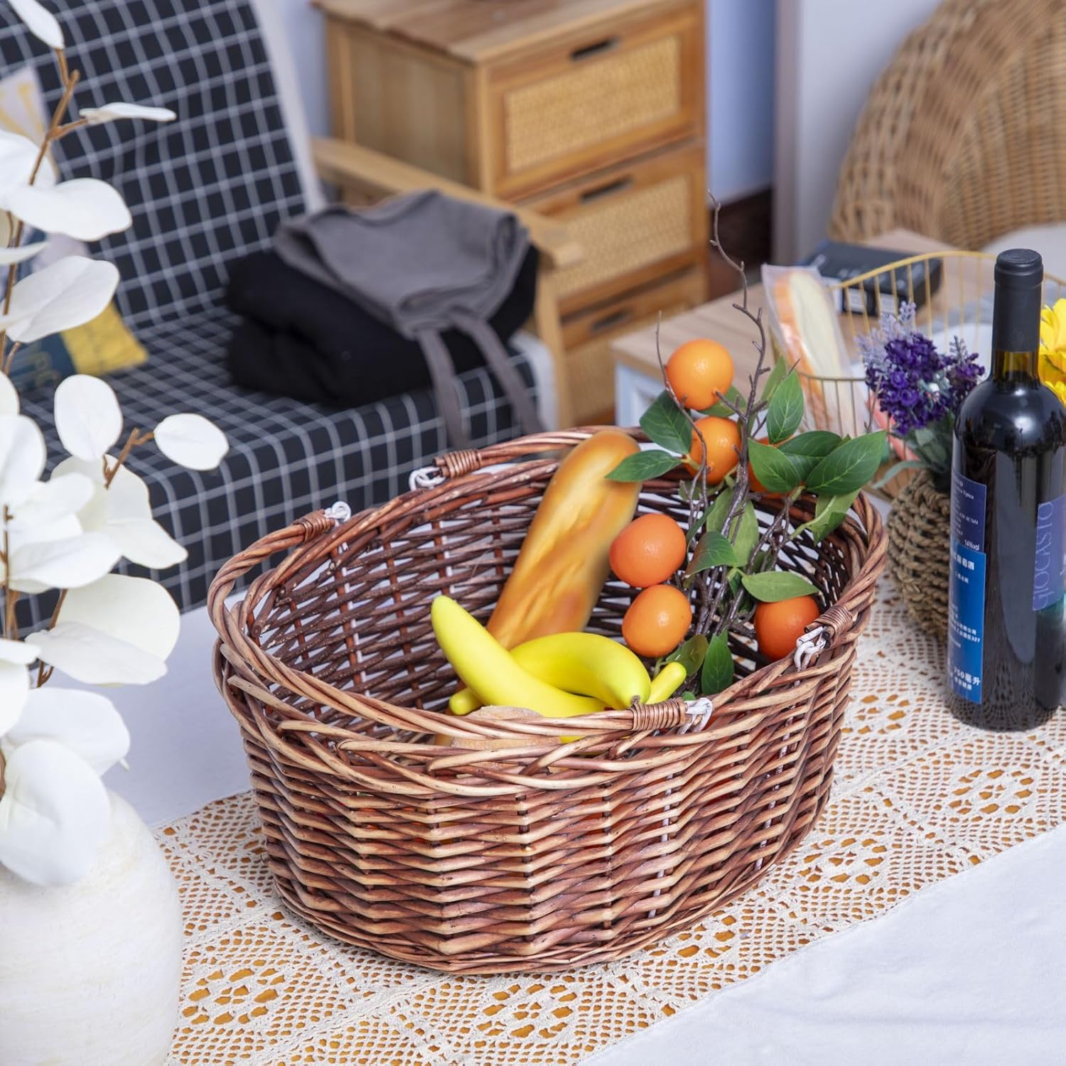 JJSQ Wicker Picnic Basket with Folding Handles Wicker Hand Woven Baskets for Storage, Garden Harvest, Easter, Empty