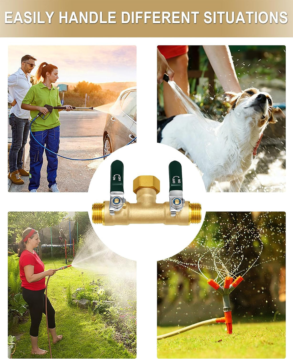 EBH Garden Hose Splitter 2 Way, Heavy Duty Solid Brass Hose Splitter with Shutoff Valves, Water Spigot Splitter With