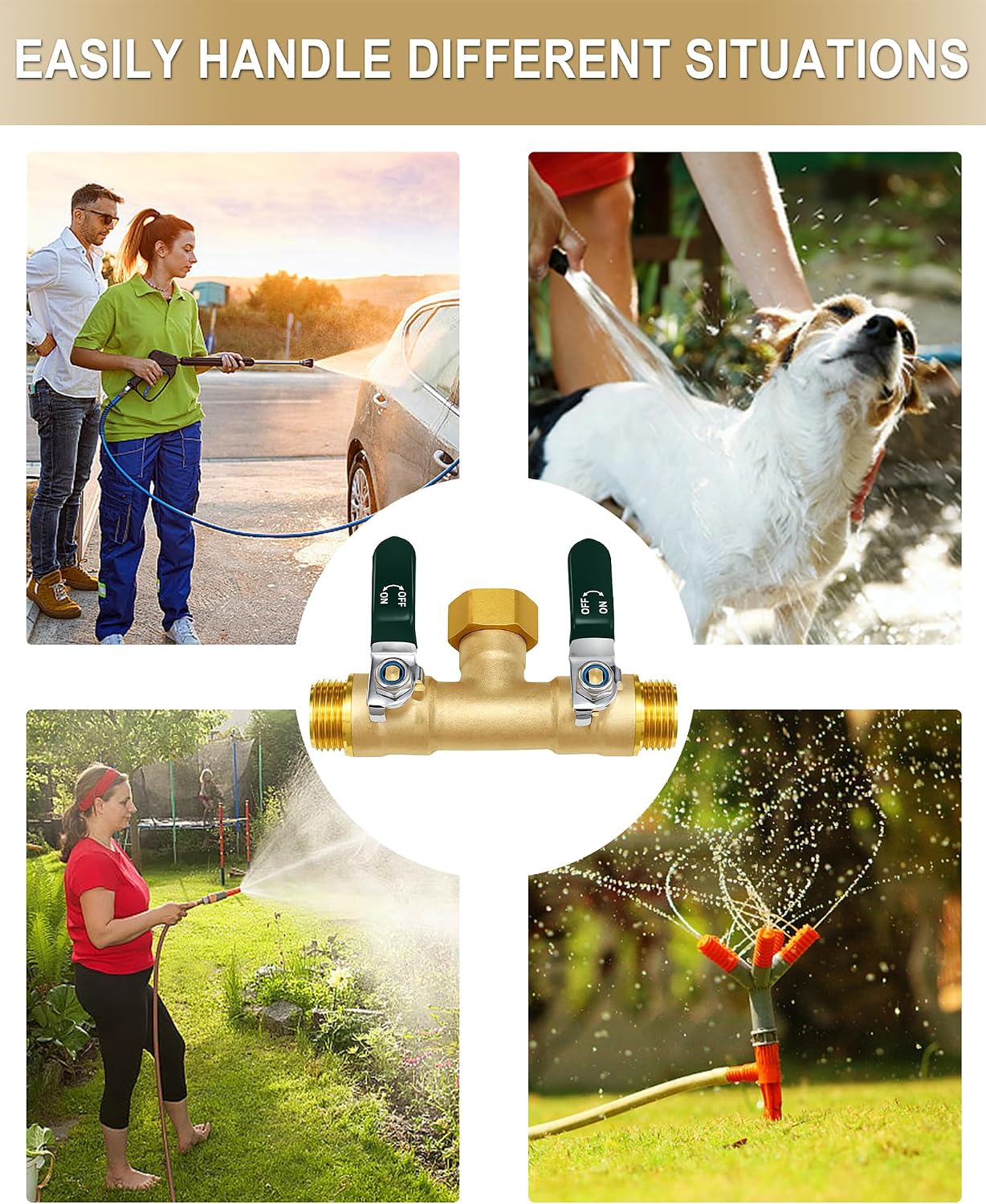 EBH Garden Hose Splitter 2 Way, Heavy Duty Solid Brass Hose Splitter with Shutoff Valves, Water Spigot Splitter With