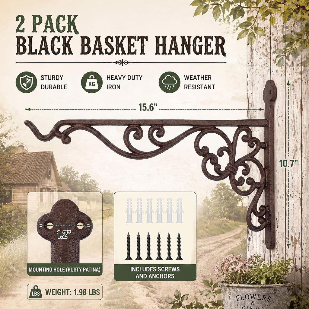 Landhoow 2 Pcs 15.6" Large Cast Iron Hanging Outdoor Wall Hanger Rust Brown Heavy Duty Basket Hook Braces Vintage