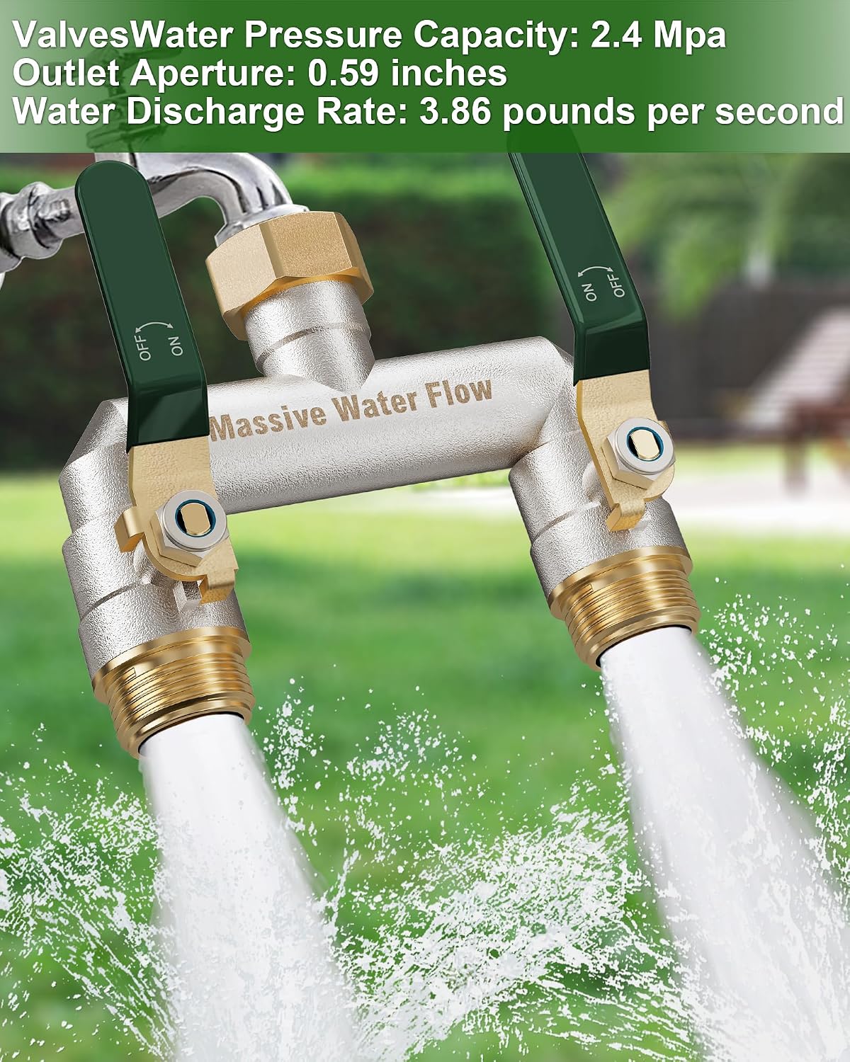 Hose Splitter 2 Way Heavy Duty, Brass Garden Hose Splitter | 304 Stainless Steel Long Handle, Full Flow Nickel Plated