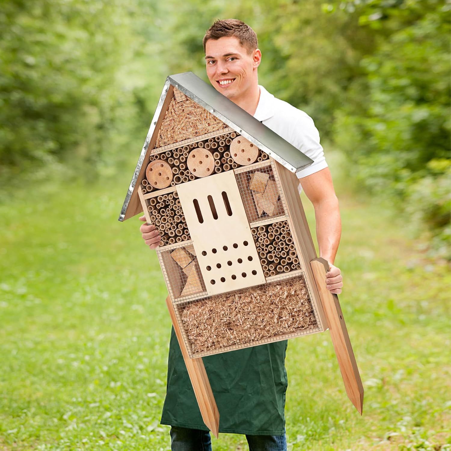 antiai Extra Large Wooden Insect House with Stakes,Wood Mason Bee Butterfly House,Insect Hotel,an Outdoor Bamboo