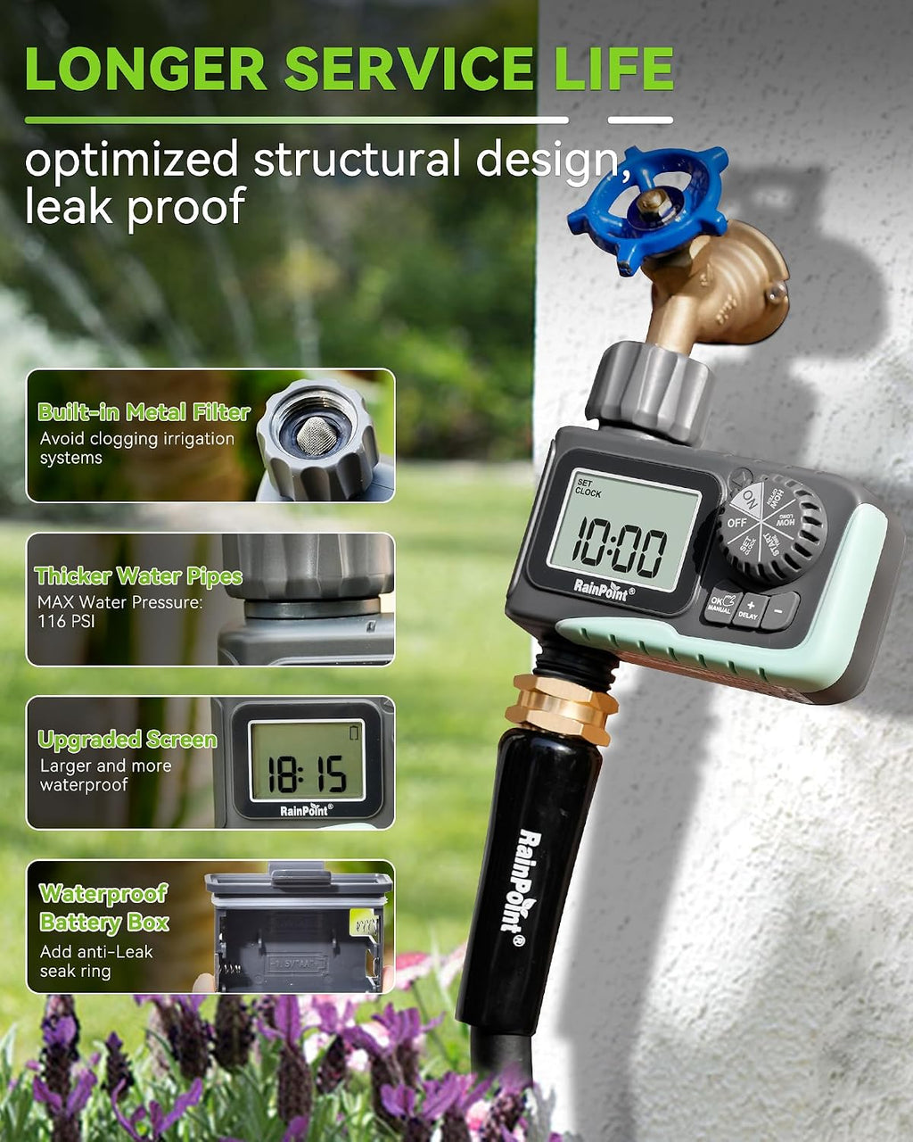 RAINPOINT Sprinkler Timer, Programmable Water Timer for Garden Hose, Outdoor Soaker Hose Timed with Rain