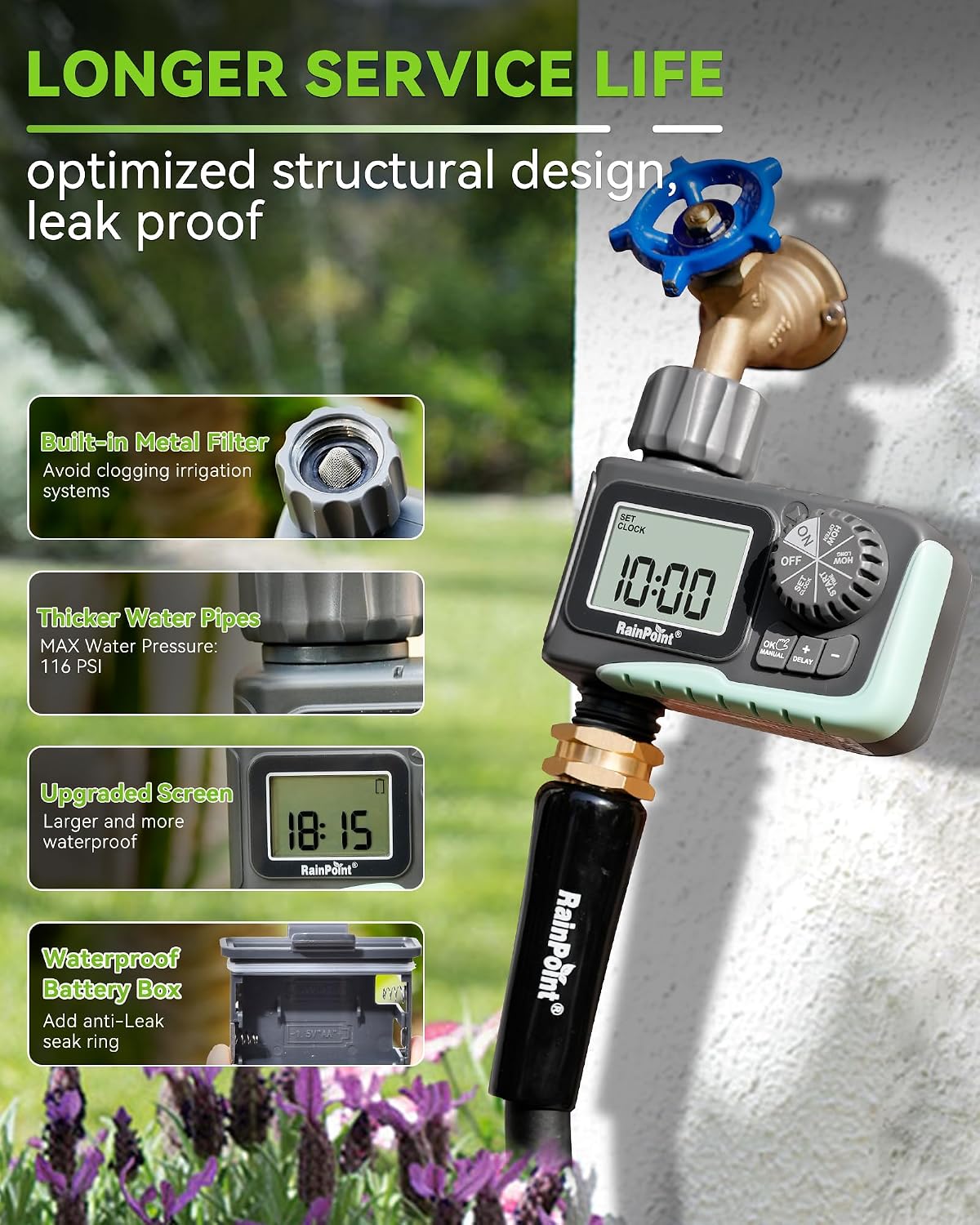 RAINPOINT Sprinkler Timer, Programmable Water Timer for Garden Hose, Outdoor Soaker Hose Timed with Rain