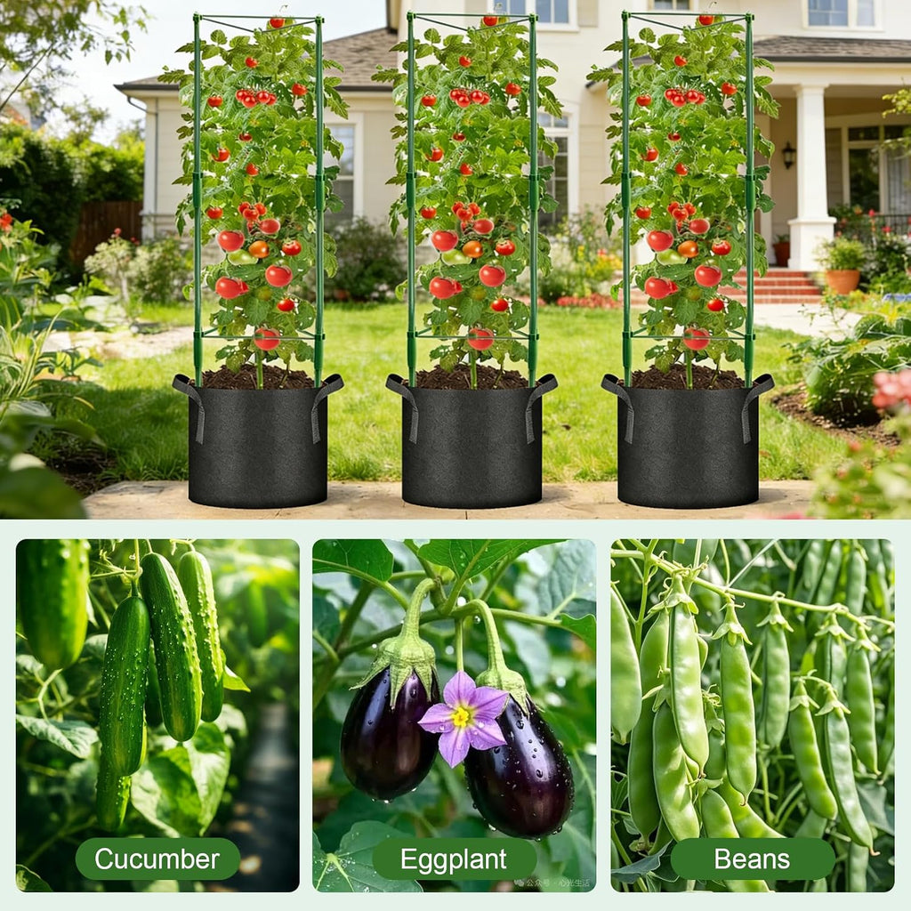 3 Pack Tomato Cage with 10 Gallon Grow Bags, 48" Height Adjustable Tomato Trellis with 65Ft Twist Tie, Heavy Duty