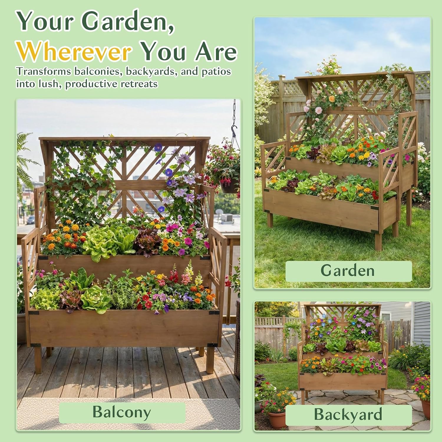 Raised Garden Bed Outdoor with Lattice Trellis, 47.2''H Wood Outdoor Flower Plant Stand with Two Planting Areas, Metal