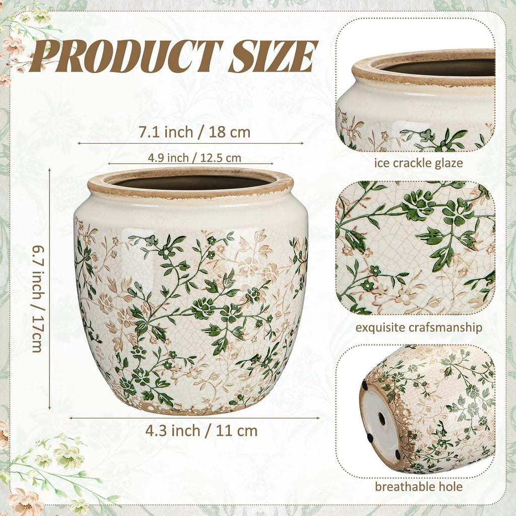 LemonRoad 7 Inch Large Vintage Ceramic Planter with Drainage Holes Ice Crackle Flower Vase Flower Pot with Rustic