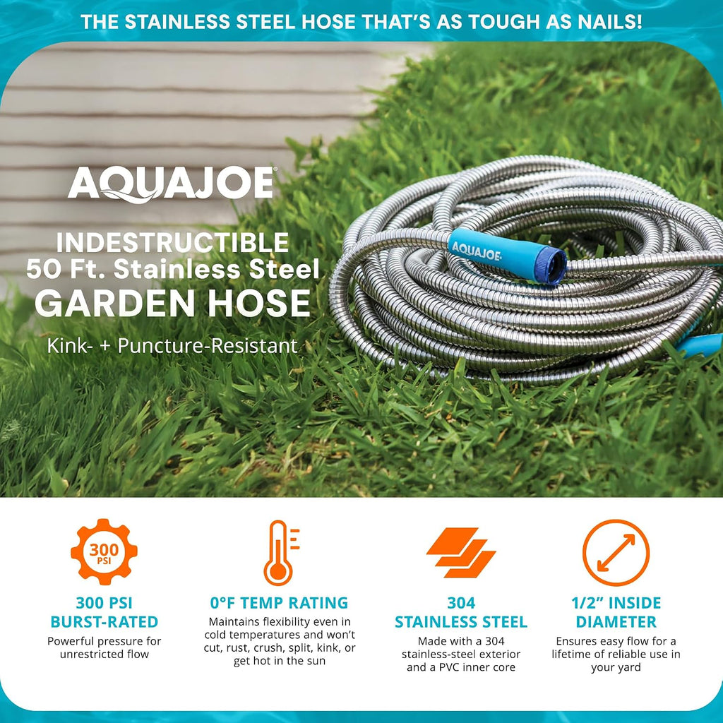 Aqua Joe 50-Foot Heavy Duty Garden Hose, Spiral 304 Stainless Steel Metal Hose, Puncture Proof, 1/2 Inch Diameter with